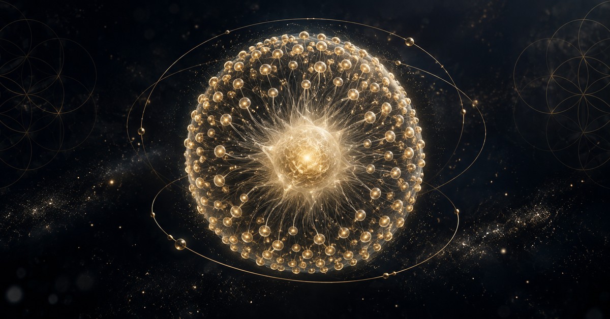 Many small golden cells drawn together into one living sphere that shines from within, on midnight blue.