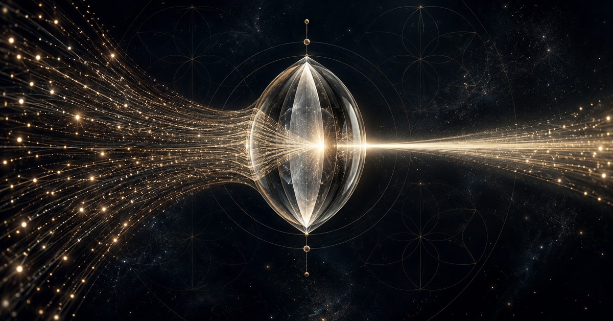 Countless small points of warm light streaming into a crystal lens that gathers them into one clear beam.