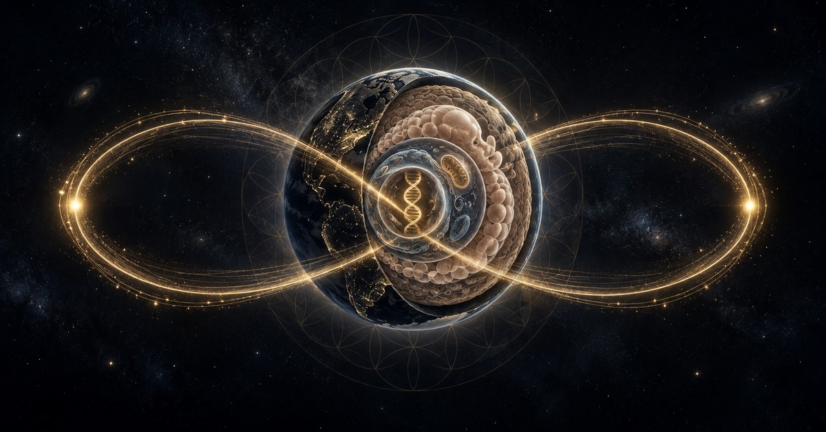 Two loops of gold light crossing around an Earth cut open to show DNA, a cell, an embryo and the planet.