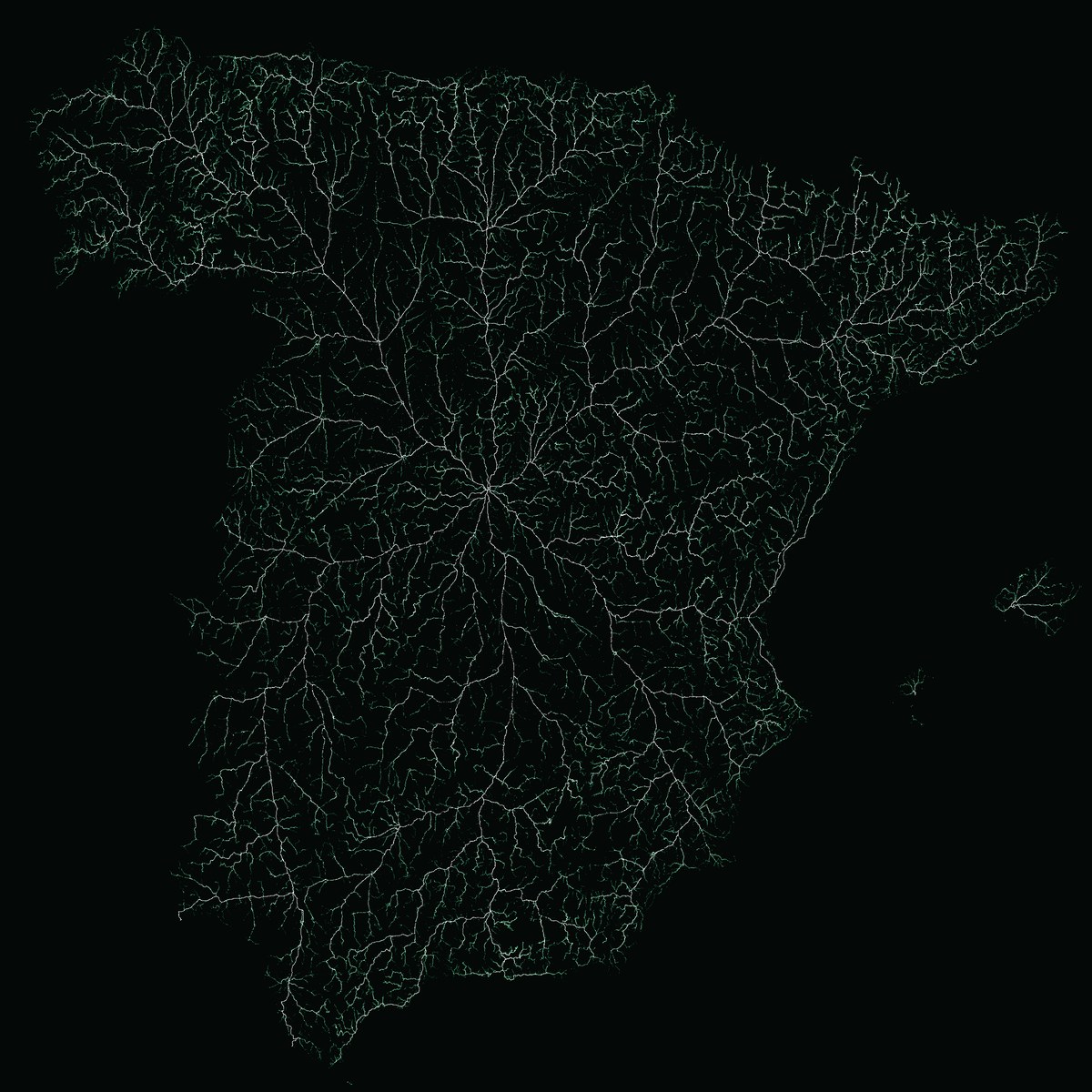 Glowing road network of Spain radiating from Madrid