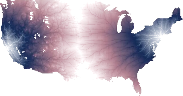 Alla vägar i USA ritade på en gång som en lysande dendrit, ljusast där flest rutter överlappar