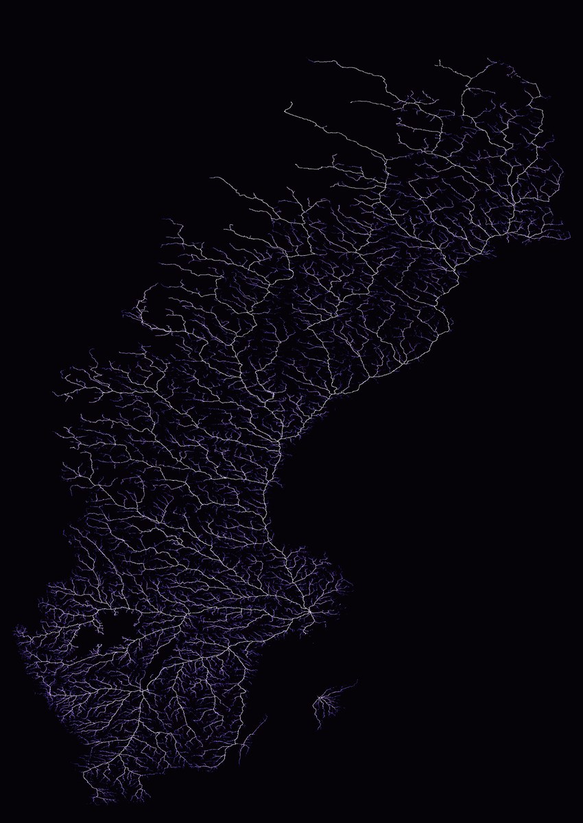 Glowing road network of Sweden radiating from Stockholm